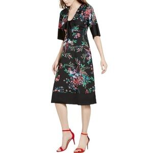 trina Trina Turk Size 4 Black Floral Bow Front Dress V-Neck Satin Trim
